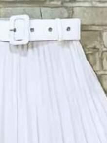 Long Pleated Skirt With Buckle Belt, Women's Fashion. - White - View 5