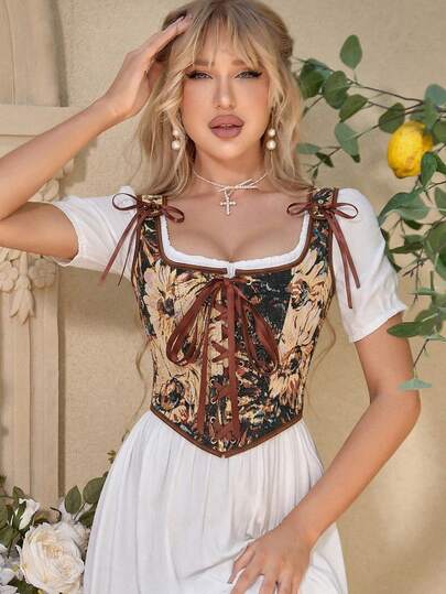 Top Retrô de Verão com Decote Quadrado Sexy, Floral Vintage, Halter com Amarração na Cintura, Sobreposição Retrô