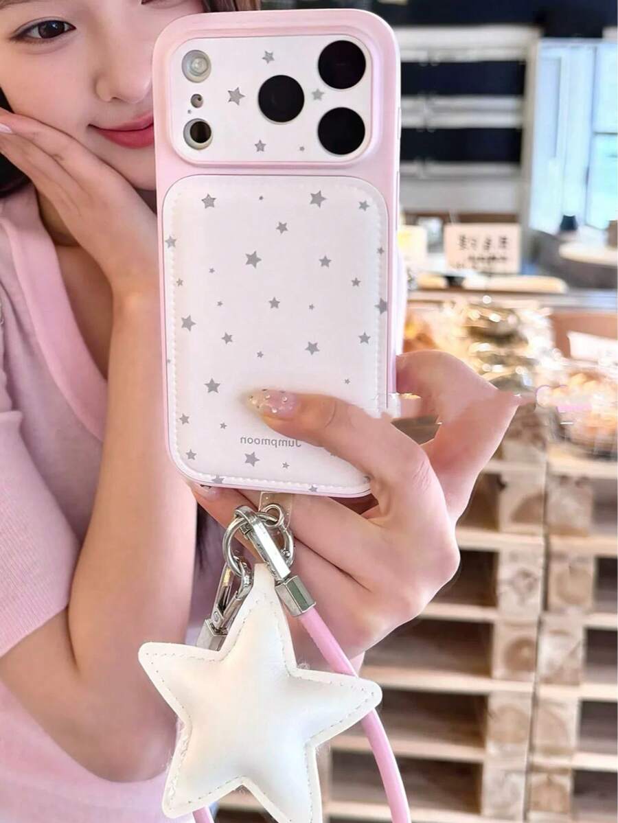 韩版极简星形皮革手机壳,兼容 17 Pro Max、16 Pro、新款 15 Pro、Niche 16 PM(带挂绳)、14 Pro 硅胶全包、17 Pro 创意款 - 粉色 - 查看 1