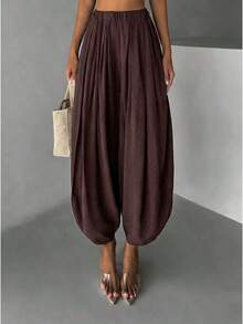 Women Harem Pants Elastic High Waist Loose Casual Wide Leg Tapered Ankle Pants Lightweight Lounge Pants - 紅褐色 - 查看 1