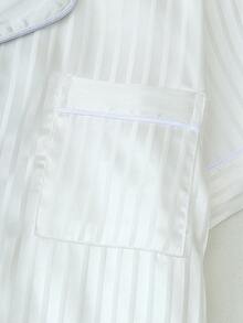 2pcs Plus Size Women Satin Striped Pajama Set, Lapel Button Short Sleeve Top And Bow Shorts, Summer Casual Sleepwear And Loungewear - White - View 4