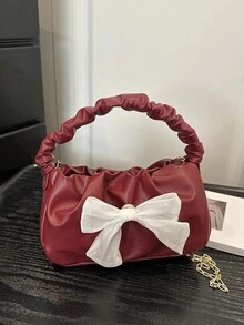 Túi hình trăng khuyết thời trang với các nếp gấp, khăn lụa và nơ trang trí dành cho nữ, túi nhỏ giản dị với dây đeo kim loại, túi đeo vai hoặc đeo chéo, món quà Valentine hoàn hảo dành cho nàng, ví nơ cho nữ, lựa chọn quà Valentine tuyệt vời nhất từ trước đến nay. - Màu Đỏ Sâu - Xem 5