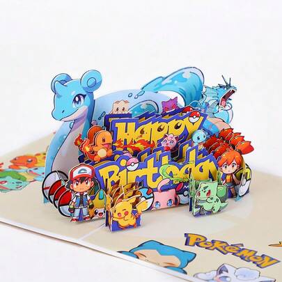 Miniso 1张宝可梦3D立体弹出式贺卡，动漫主题生日贺卡，附信封，卡通皮卡丘和喷火龙纸艺贺卡，儿童/粉丝礼物，派对装饰