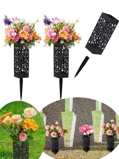 1 pieza Jarrón para tumba con estaca, soporte para flores conmemorativo para tumba, maceta cuadrada para flores de tumba con estaca puntiaguda para decoración de plantas al aire libre, adecuada para tumbas, se puede diseñar como luz de césped DIY, aplicable para jardín, villa, paisaje, patio, decoración de otoño, decoración exterior