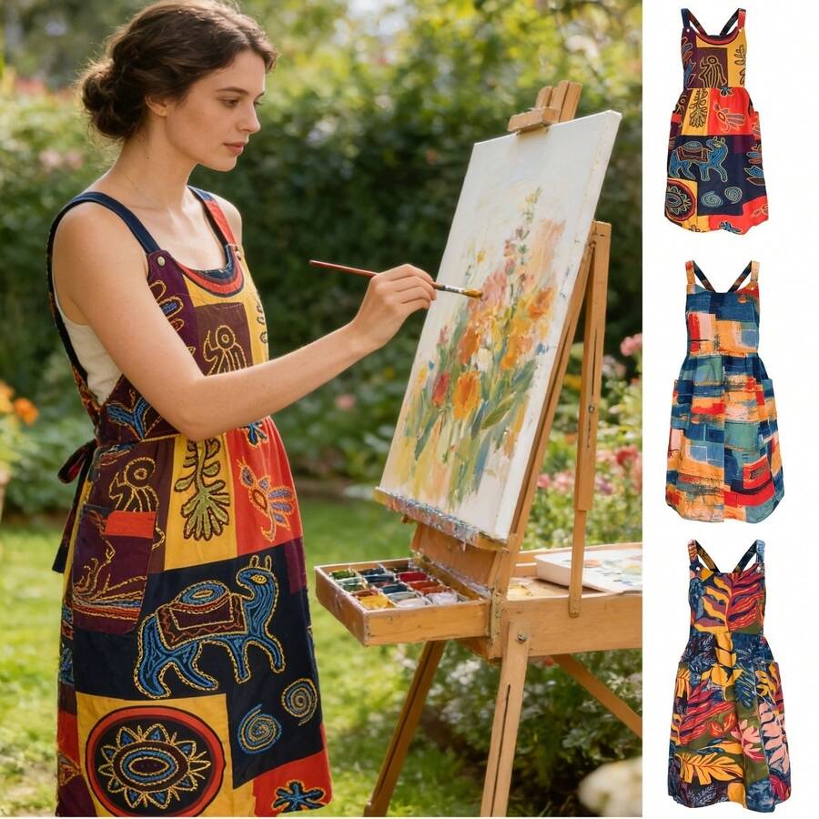 1pc Bohemian Style Criss-Cross Bib Apron, Breathable Kitchen Apron With 2 Large Pockets, Adjustable Tie-Free Design, Knee-Length Bib Apron Suitable For Chefs, Bakers, Gardeners And Artists - Beautiful Maple Blue - View 1