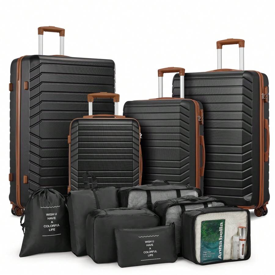 4-Piece Hardside Luggage Set (20/24/28/32 Inch) With 7 Packing Bags, Durable ABS Suitcases With Spinner Wheels,Combination Lock, Lightweight Large Capacity Travel Luggage Set For All Trips, Perfect For Family Vacations, Business Travels, Weekend Getaways, Summer Vacation, Cruise Trips,Back-To-School - 黑棕色 - 查看 1