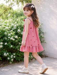 Vestido de tirantes con estampado de cuadros de cereza para niñas, vestido de verano fresco y dulce con volantes en el bajo, vestido de princesa con estilo de resort para niñas jóvenes - Rojo - Ver 2