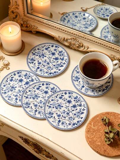 1/6/12pcs Elegant Blue Flower Wood Coaster, Round Beverage Protectors For Hot Cold Drinks, Vintage Aesthetic Coasters For Coffee Tea, Kitchen Dining Table Home Decor, Perfect Birthday Gift For Mom Wife Girlfriend, Boho Cottagecore Style Tabletop Accessories For Living Room Office Bar, Daily Gifts, Table Decoration, Theme Party Decoration