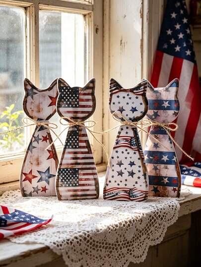 1pc Patriotic Cat Figurines - Red White Blue American Flag Cat Tabletop Decor, 4th Of July Independence Day Cat Ornaments, Vintage Star & Stripes Cat Statues For Tiered Tray, Shelf, Mantel, Windowsill, Living Room, Kitchen, Farmhouse, Dorm, Office, Perfect For Fourth Of July, Memorial Day, Labor Day, Patriotic Party Decor & Holiday Accent