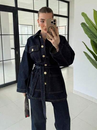 Women's Dark Washed Belted Button Front Pocket Detailed Fitted Waist Elegant Denim Two Pieces Set