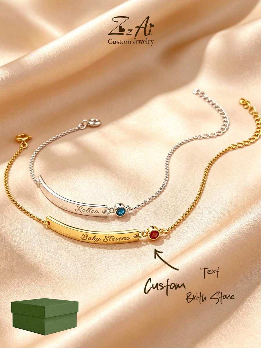 1pc Minimalist Nameplate, Compatible With Stainless Steel Bracelet, Small Combination Chain, 18k Gold Plated Stainless Steel Necklace, Comes With Exquisite High-End Gift Box, Suitable As Daily Gift, Holiday Gift - - Multicolor - View 1
