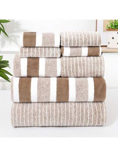 1 Set Towel & Bath Towel, 4 Colors Available, Striped Coral Fleece Soft & Skin-Friendly, Thick & Absorbent Quick-Dry Bathroom Shower Face Towel, Gym Sweat Towel, 8-Piece Set