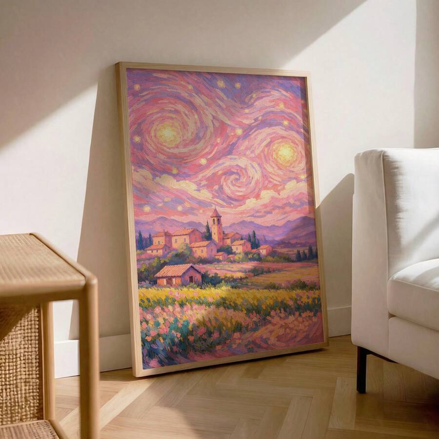 1 Stück Rosa Sternenhimmel Kunstwerk, Pastell Sonnenuntergang Ölgemälde Leinwanddruck | Moderne impressionistische Kunst Dekoration geeignet für Mädchenzimmer, Wohnheim, Wohnzimmer oder Büro, impressionistisches Landschaftsposter, Geschenk für Kunstliebhaber, gerahmt oder ungerahmt - Muster 2 - Übersicht 1
