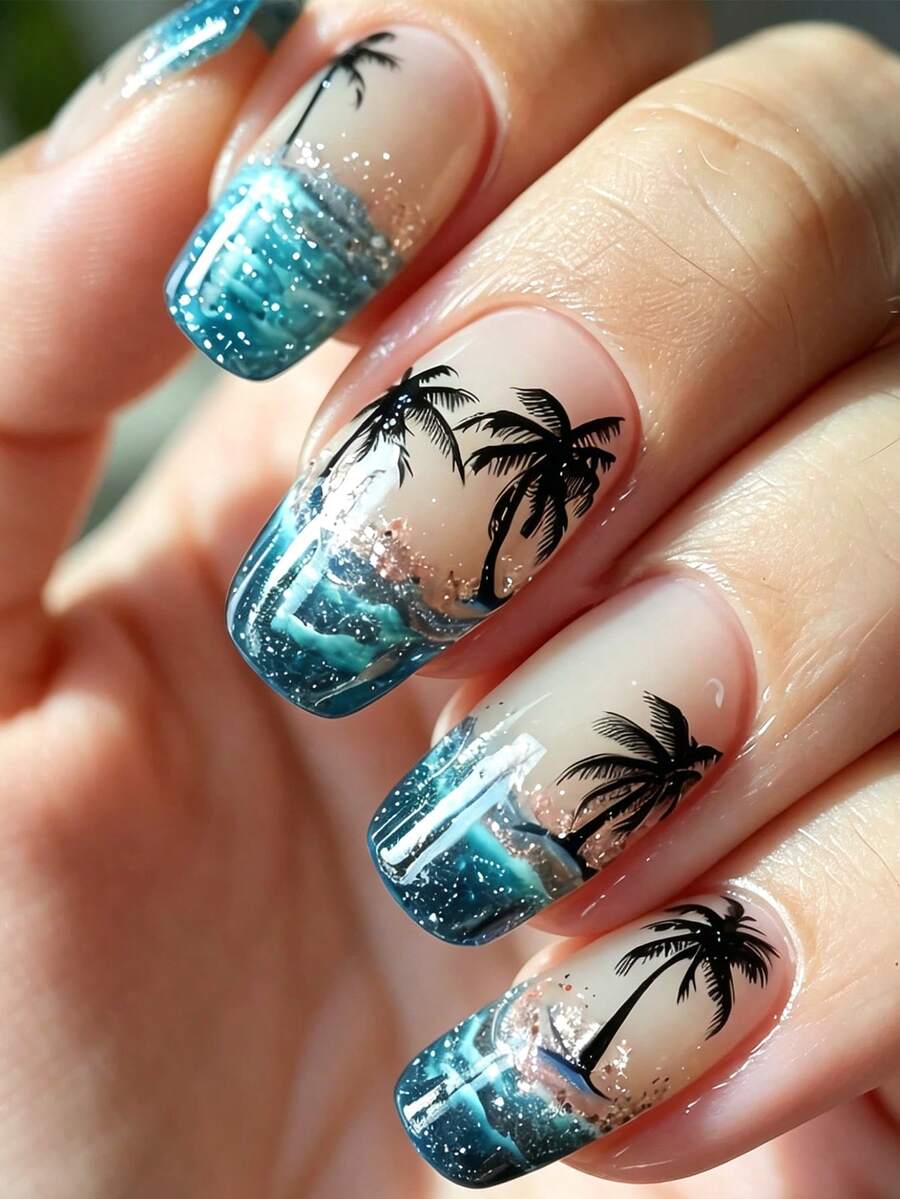 24pcs Summer Elegant & Cool Coconut Tree, Wave, Beach Gradient Glossy Matte False Nails, Fashionable & Versatile For Women & Girls, Suitable For Spring/Summer, Removable Press-On Manicure Set With Jelly Gel & File, Durable & Easy To Wear, Random Jelly Gel Included - Multicolor - View 1