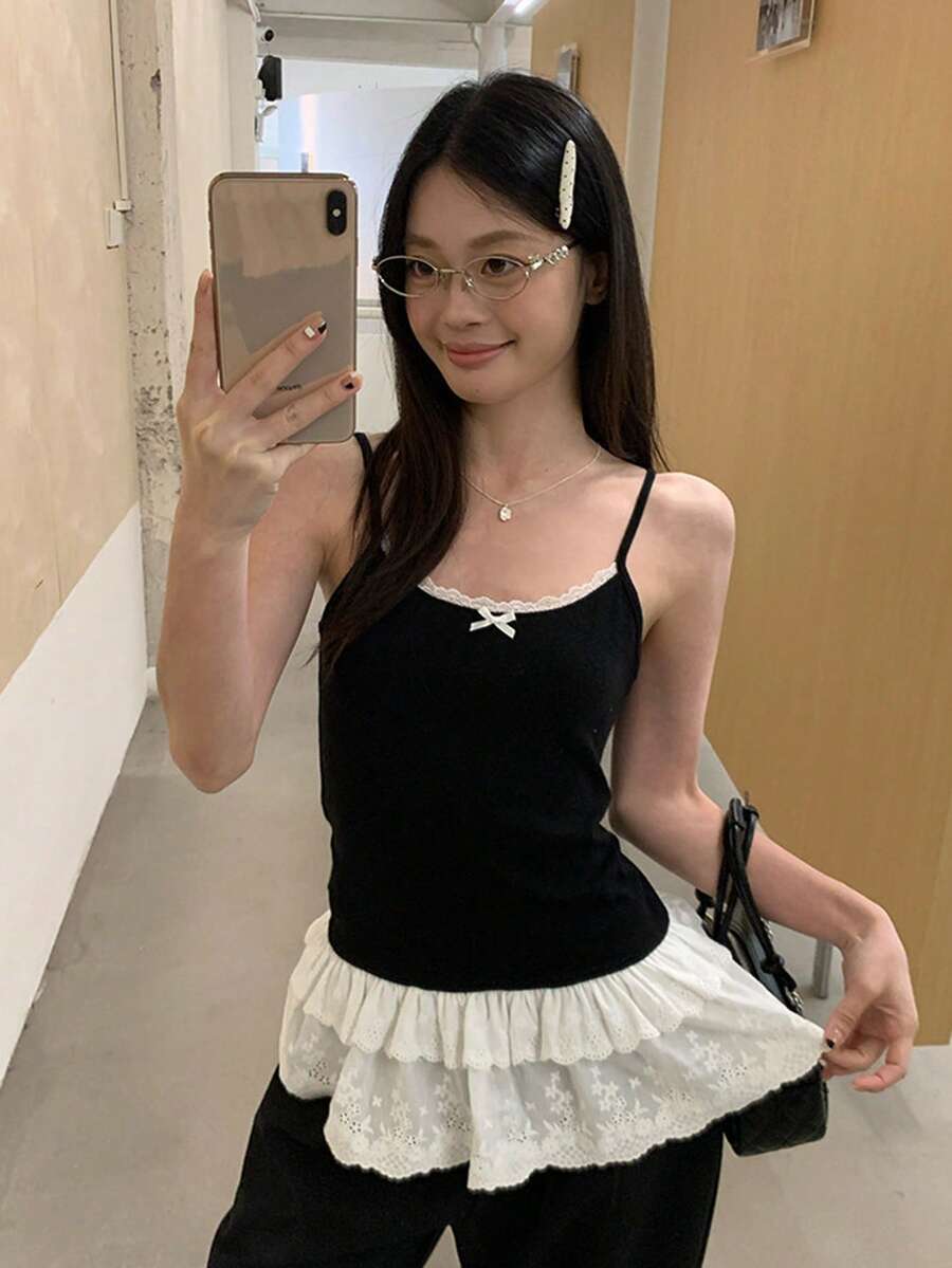 黑色蕾丝边吊带背心，夏季叠穿无袖衬衫，透视设计 - 黑色 - 查看 1