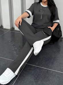女款新款圓領短袖T恤與彈性腰鬆緊長褲2件套，休閒日常穿搭，春/秋優雅夏季 - 深灰235 - 查看 8
