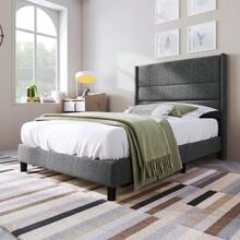 Upholstered Bed 90 X 200 Cm, Bed Frame With Slatted Base And Headboard, Upholstered Double Bed, Linen Fabric Cover In Grey, Timeless Modern Design, Youth Bed - Dark Gray - View 1