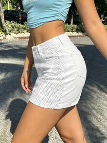Women's Chic White High Waisted Denim Shorts, Rhinestone Embellished Mini Shorts, 2026 Spring Casual Streetwear - Light Wash - View 4