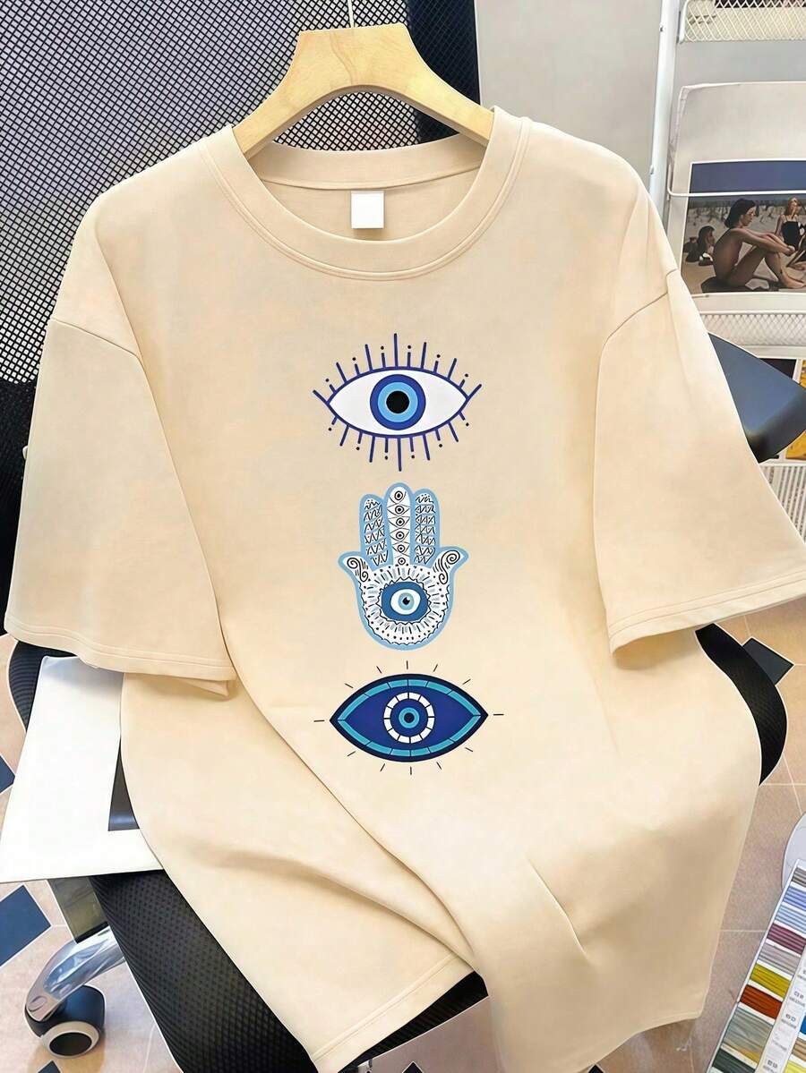 大尺碼女款街頭時尚棕櫚樹印花寬鬆短袖T恤休閒夏季款 - 杏色 - 查看 1