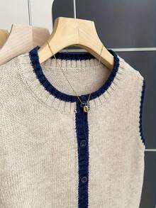 Áo khoác cardigan dệt kim không tay cổ tròn phối màu tương phản dành cho nữ, thích hợp cho mùa xuân/hè. - Màu Khaki - Xem 5