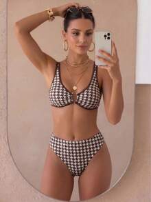 Sommer Elegante Damen Bikini Badeanzug mit hoher Taille, Bindung Design, Hahnentritt Muster, sexy Strand Resort Urlaub - Verschiedenfarbig - Übersicht 3