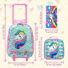 Set de 3 piezas Mochila con ruedas con estampado de unicornio con lentejuelas para niñas, mochila escolar rosa linda de dibujos animados para escuela primaria - Rosa - Ver 3