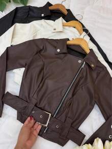 Women's Faux Leather Jacket With Belt And Zipper, Short Fashion Winter Jacket - 鏽棕色 - 查看 4