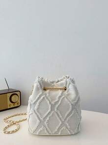 New Classic Versatile Solid Color Rhombus Trim Metal Drawstring Closure Shoulder Bucket Bag, Elegant Ladies Wallet, Suitable For Shopping, Work Commute, Social Events, Random Embroidery Pattern - White - View 6