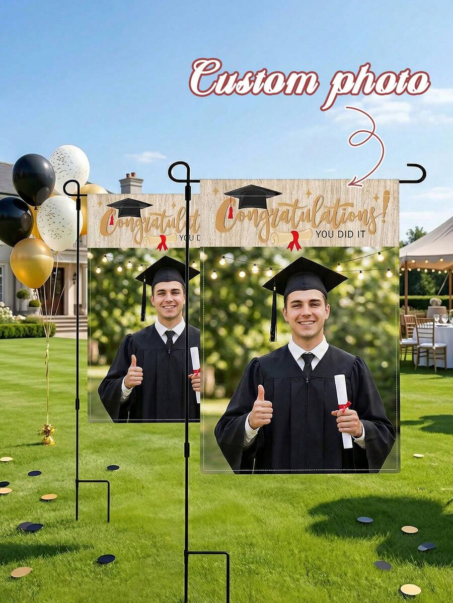 1 pieza Bandera de jardín personalizada para graduación, Foto personalizada, Bienvenida a la fiesta de graduación 2026, Letrero de bienvenida con foto de graduación minimalista, Letrero de fiesta de graduación, Decoraciones para graduados - Multicolor - Ver 1