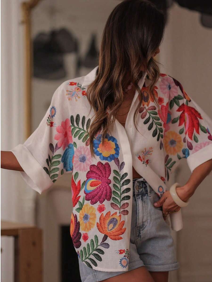 Camisa de mujer de manga corta con estampado floral y ajuste holgado, adecuada para vacaciones, uso diario, casual, primavera/verano, color blanco - Blanco - Ver 1