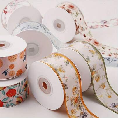 1 Roll Double-Sided Satin Ribbon Printed With Vibrant Floral And Fruit Patterns, Suitable For DIY Bows, Hair Accessories, Gift Wrapping, Colors Include Peach, Mixed, Cream, Pink, Green, Blue
