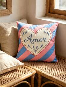 1pc Amor Heart Embroidered Throw Pillow Cover, Romantic Home Decor Cushion Cover For Sofa, Pink & Blue Striped - Powder Blue - View 5
