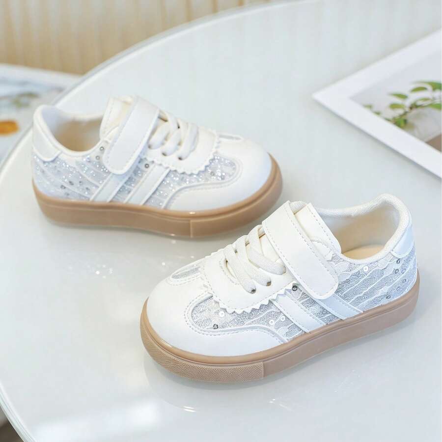 New White Soft Hook And Loop Trainers, Paired With Silver Sequins, Children's Campus Versatile Sneakers - White - View 1