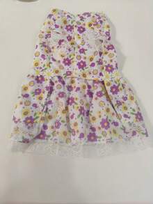 1pc Colorful Floral Print Lace Trim Dress For Pets, Stylish Daily Wear - Purple - View 9