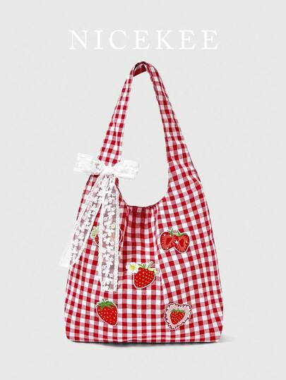 Sweet And Fashionable Red Plaid Strawberry Shoulder Tote Bag, Niche Design Lace Bow Decorative Shoulder Bag, Retro Plaid Strawberry Shoulder Bag, Personalized Lazy Versatile For Daily Commuting, Shopping And So On.