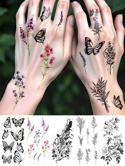 5 Sheets Big Size Body Art Temporary Tattoo Stickers For Women, Black Flowers Butterfly Mixed Pattern, Waterproof Fake Tattoo, Lasts 2-5 Days, Covering Scars,Can Be Used On Arms Wrist Shoulders Legs Waist Neck Hand Chest Thighs Finger Ankle, Suitable For Parties, Gifts, Vacations, Body Decoration