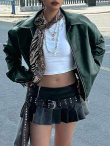 Edgy Biker Casual Loose Long Sleeve Leather Jacket For Women, Autumn/Winter Fall Cloth For Women - Dark Green - View 5