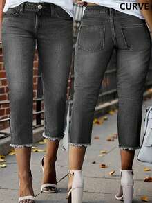 Quần jean denim dáng ôm thoải mái, dài đến giữa bắp chân, cỡ lớn, có túi, khóa kéo và cúc cài, thích hợp cho mùa xuân. - Màu xám đen - Xem 1