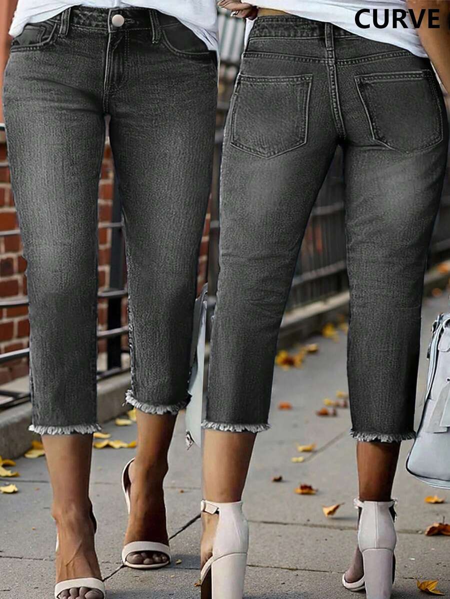 Quần jean denim dáng ôm thoải mái, dài đến giữa bắp chân, cỡ lớn, có túi, khóa kéo và cúc cài, thích hợp cho mùa xuân. - Màu xám đen - Xem 1