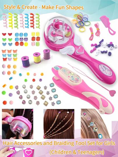 2-In-1 Girls Rainbow Hair Ties & Braiding Tools Styling Set, Girls Hair Accessories Automatic Braiding Tool Combo Set. This 2-In-1 DIY Set Includes Various Colorful Hair Ties And Creative Hair Accessories. The Set Includes Rainbow Braiding Ties, 8pcs Colorful Hair Decor Accessories