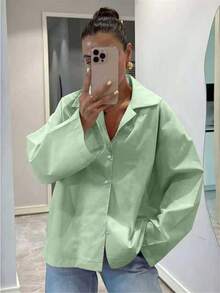 女款螢光綠長袖鈕扣休閒優雅復古時尚襯衫 春夏度假情人節 - 螢光綠 - 查看 2