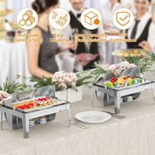 Juego profesional de bandejas rectangulares con tapa enrollable para buffet – Calentador de alimentos de acero inoxidable de tamaño completo con ventana de vidrio, ideal para catering, bodas, banquetes y eventos – Plateado - color natural - Ver 2