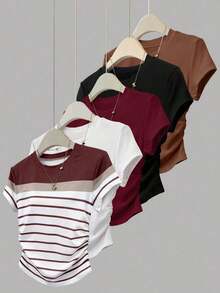 Set de 5 camisetas de manga corta con pliegues en la cintura, diseño estilizante, color blanco, burdeos, negro, café, gris claro, adecuadas para uso diario y actividades al aire libre - Multicolor - Ver 1
