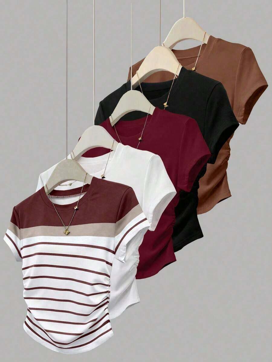Set de 5 camisetas de manga corta con pliegues en la cintura, diseño estilizante, color blanco, burdeos, negro, café, gris claro, adecuadas para uso diario y actividades al aire libre - Multicolor - Ver 1