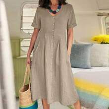 2026 Spring/Summer New European And American Style Solid Color Loose High-Waisted Cotton-Linen Dress - Army Green - View 2