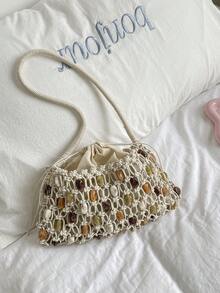 2026 Woven Mesh Shoulder Bag, Colorful Stone Bead Decor Plaid Vacation Handbag, Drawstring Design, Inner Pocket, Women's Bag - Beige - View 7