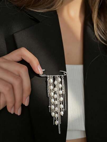 1pc Vintage Chain Tassel Brooch, Fashion Pearl Tassel Brooch Safety Pin Accessory, Suitable For Jacket, Shirt, Sweater, Scarf, Dress Decoration. (The Length Of The Handmade Chain Is Customized, And The Number Of Silver Beads Is Not Fixed, Please Refer To The Actual Item)