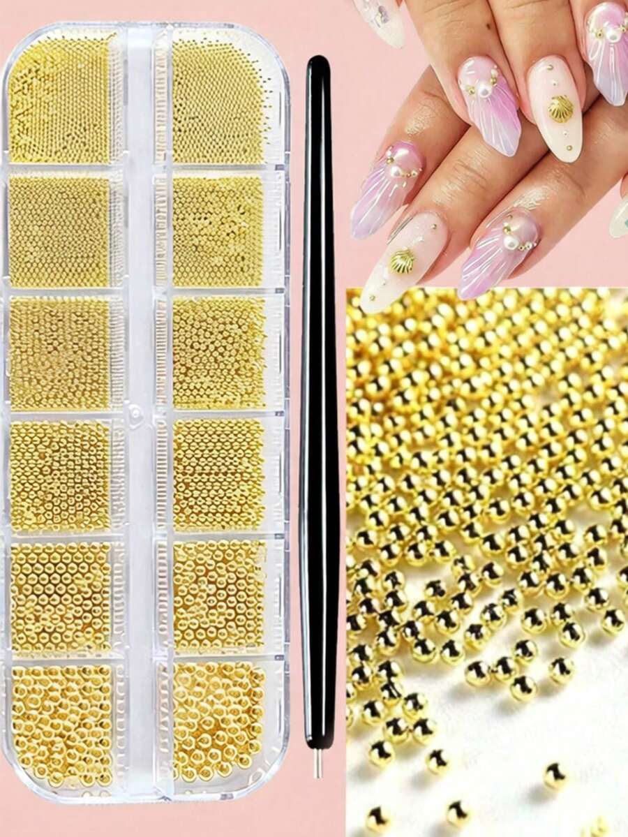 12入/盒 金色不鏽鋼金屬珠飾 3D迷你小 1mm魚子珠 銀色吊飾 仿珍珠美甲用品 美甲裝飾 美甲寶石 - 彩色 - 查看 1