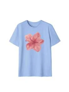 Camiseta de cuello redondo de ajuste holgado con estampado de hibisco y lavado ácido en azul claro, adecuada para el verano, la playa y las vacaciones casuales - Celeste - Ver 5