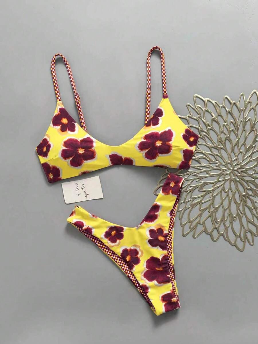 Glückliches Mädchen Damen umkehrbarer Karomuster & Blume Muster Bindetop Bikini-Set, Strand Urlaub - Gelb - Übersicht 1